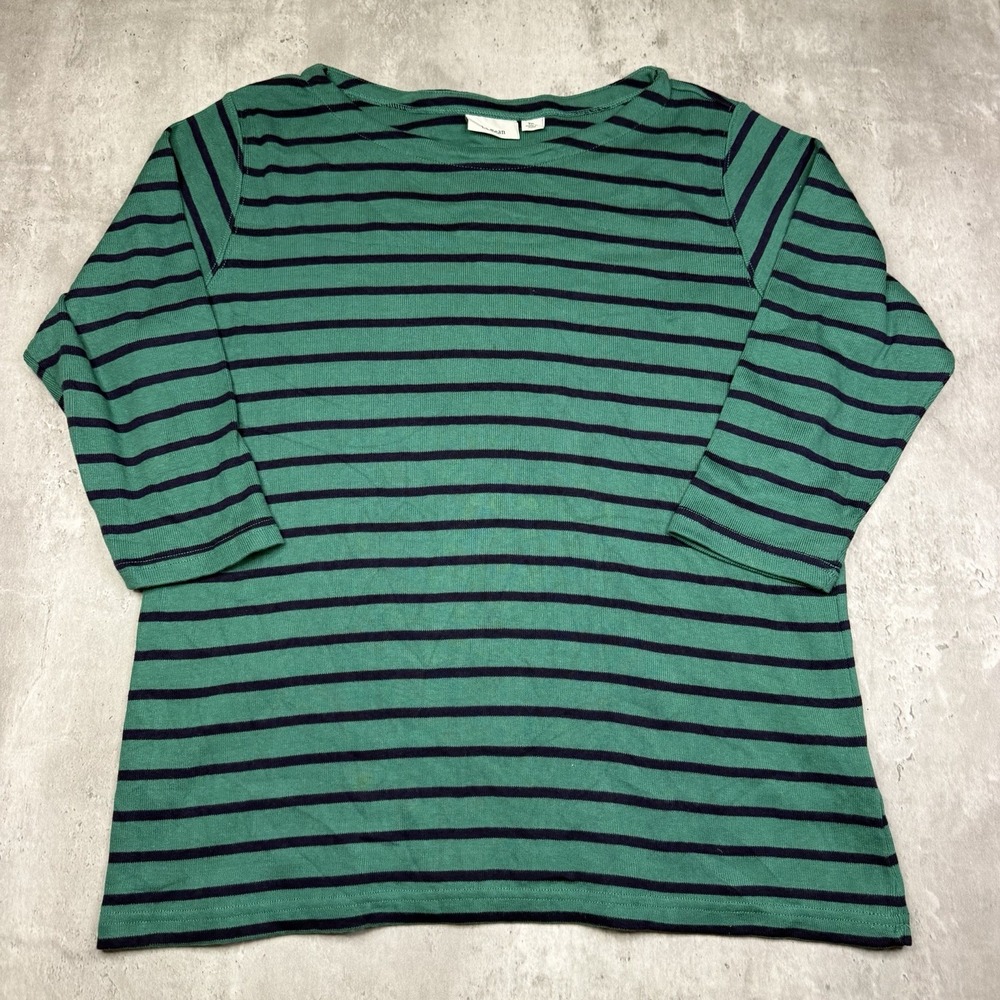 Vintage L.L.Bean Women’s XL Green Navy Striped 3/4 Sleeve Cotton Top Shirt
